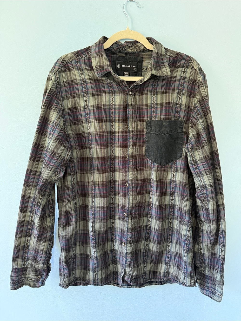 Billabong Men’s Plaid Button-Down Shirt in Olive, Gray and Purple